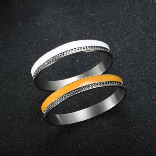 Fashion Yellow White Enamel Epoxy Women Men Bangles Lovers Stainless Steel Charm Chain With Bracelet Jewelry Gifts Pulseira