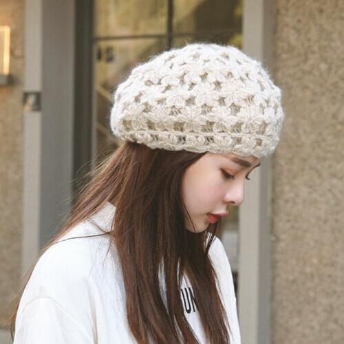 Handmade soft hallow out design beret cap for women Winter warm mohair artist knitted hat crochet gorros