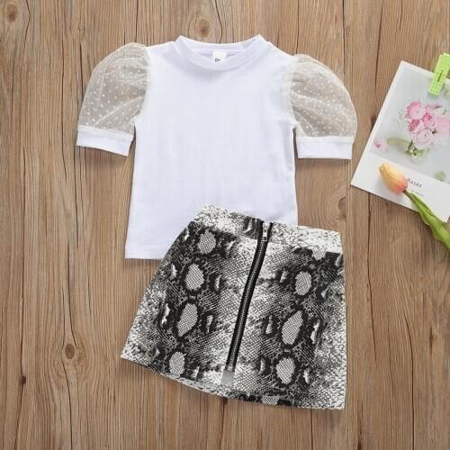 New 1-6Y Toddler Baby Girl Clothes Summer Fashion New Puff Short Sleeve Blouse Tops Zipper Leopard A-line Skirts 2pcs Set