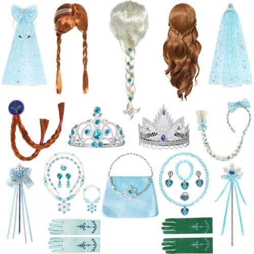New Halloween Party Cosplay Costume Accessories Girls Anna Elsa Wig Braid Princess Crown Gloves Magic Wand Necklace Jewelry Set