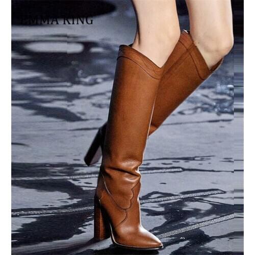 New Brown Leather Cowboy Knight Boots Pointed Toe Sqaure High Heels Knee High Boots Autumn Winter Woman Botas Mujer Runway shoes