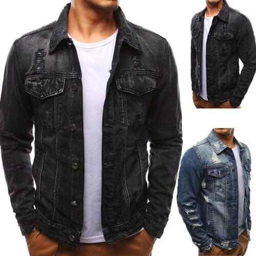 Autumn Mens Distressed Denim Jacket Fashion Male Black Jackets Plus Size Coat 3xl Casual Long Sleeve Streetwear Ripped Boys Tops