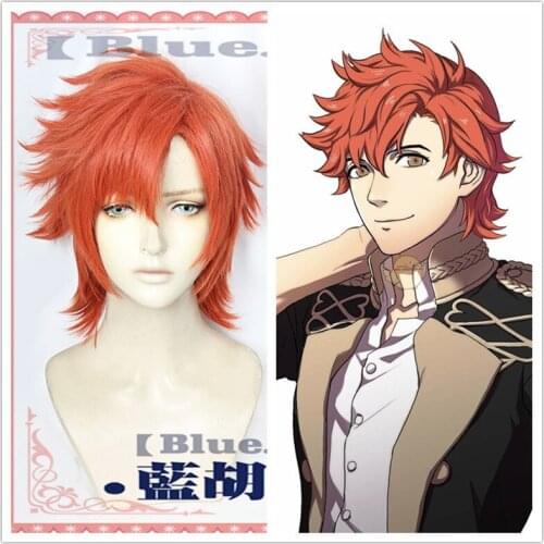 Fire Emblem ThreeHouses Wig Cosplay Sylvain Jose Gautier Short Orange Red Side Part Hair Halloween Role Play Hair Wig+ Free Wig