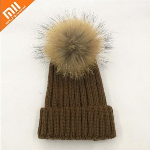Xiaomi Hats Men Women Solid Color All-match 100% Raccoon Fur Pompom Removable Beanies Winter Hats Female Stripe Caps Unisex