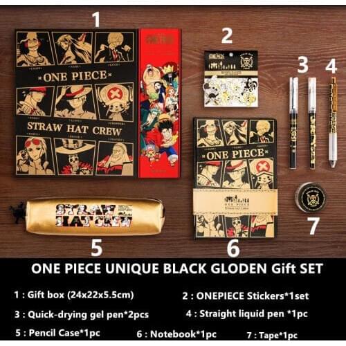 Anime UNIQUE BLACK GLODEN Straw Hat Pirates Toy Gift BOX Included Notebook Sticker Pen Case Gel Pens Tape for Collection