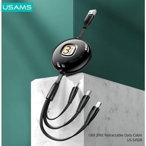 USAMS 1M 3 In 1 USB Charge Cable for iPhone Micro USB Type CData Cable Retractable Design Phone Usb Cables Phone Accessories