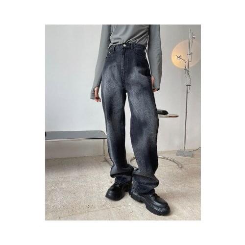 2021 spring new style European and American fashionable street high-waisted straight ink-sprayed jeans wide-leg loose slim trous