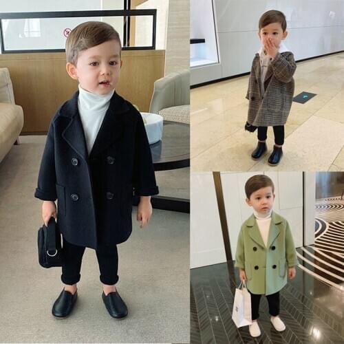 Spring and autumn winter coat boys girls wool double breasted coat boys windbreaker Lapel children coat plaid jacket wool coat