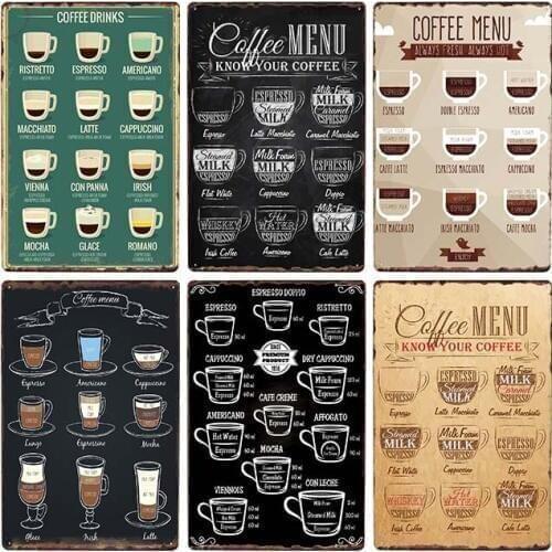 Vintage Coffee Menu Metal Tin Signs Coffee Cafe Decorative Poster Wall Art Plate Home Decor 20x30cm