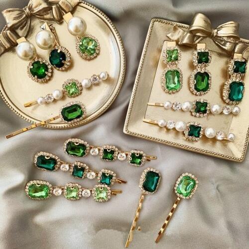 2020 1PCS Korea Vintage Emerald Hairpins Geometrical Rhinestones Hair Clips For Women Girls Hair Accessories Barrette