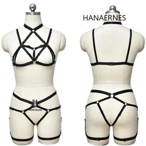 Womens Black Fashion Sexy Lingerie Gothic Body Harness Caged Bra Crop Top Strappy Female Gothic Punk Adjustable Underwear Set