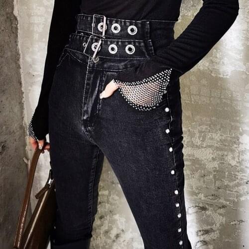 Women High Waist Jeans Double Belt Elastic Waist Black Denim Pants Skinny Jean for Woman Streetwear Clothes