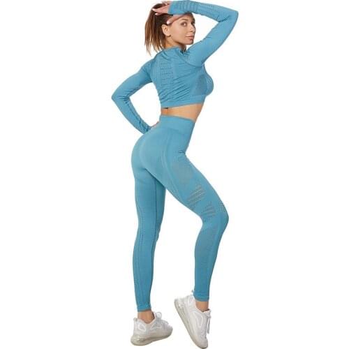 Women Tracksuit Gym Sets Women Long Sleeve High Waist Hollow Out Leggings Workout Clothes Fitness Running Sportwear Shirt Suit