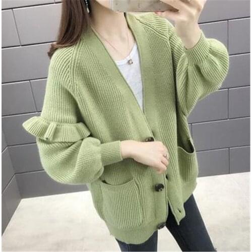 Female Spring Autumn 2020 Solid Lantern Sleeves V-neck Knitted Sweater Women Long Sleeve Loose Pocket Stitching Cardigan Sweater