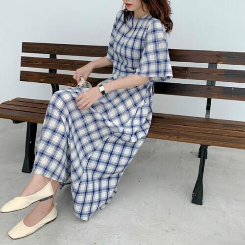 2020 Women Summer Cotton Plaid Super Long Dress Waist-drawstring Half Sleeve Loose Midi Dresses