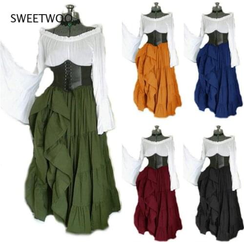 2021 New Halloween Women Medieval Cosplay Costumes Gothic Retro Victoria Middle Ages Carnival Long Sleeve Pleated Corset Dress