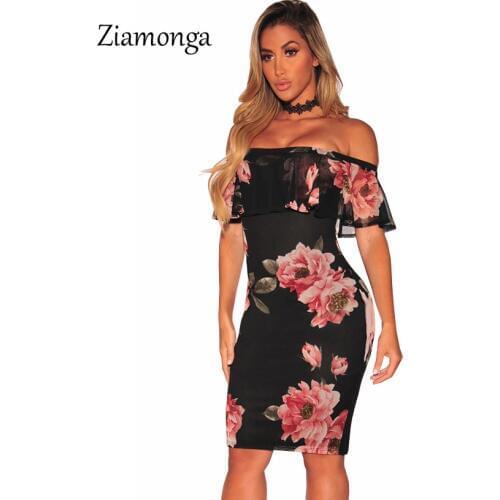 Ziamonga Women Dresses Vestidos Mujer Vintage Floral Printed Dress Bodycon Ruffle Off Shoulder Short Sleeve Dress Sexy Clubwear