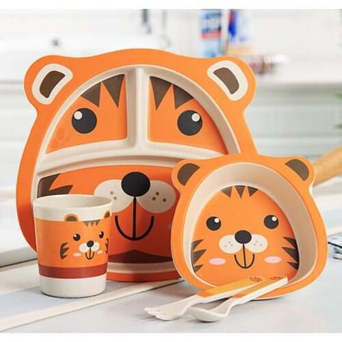 5pcs/set Baby Dish Training Tableware Children Cute Cartoon Feeding Food Dishes Kids Dinnerware with Bowl Cup Spoon Fork Plate