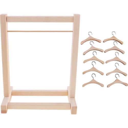DIY Assembled Wooden Clothes Hanging Shelf and 10 Pieces Clothes Hook Hanger for 12inch Neo Blythe Dolls