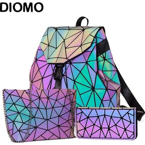 DIOMO Women Backpack Set Luminous Geometric Sequin Bags For Ladies Bagpack Reflective Holographic Bags