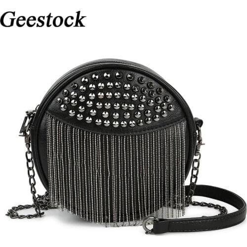 Geestock Round Womens Shoulder Chains Bag Designer Soft Leather Rivets Tassel Crossbody Bags for Female Clutch Bag