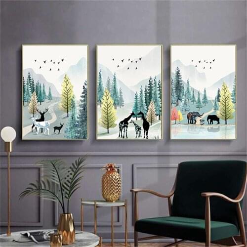 Canvas Art Poster Print Painting Nordic Decoration Animal Deer Family Forest Lanscape Picture for Living Room Home Office Decor