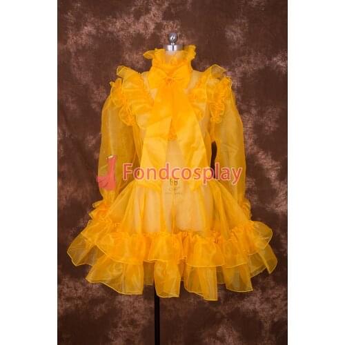 Sexy Lockable Yellow Organza Sissy Maid Short Dress Cosplay Costume Uniform[O002]