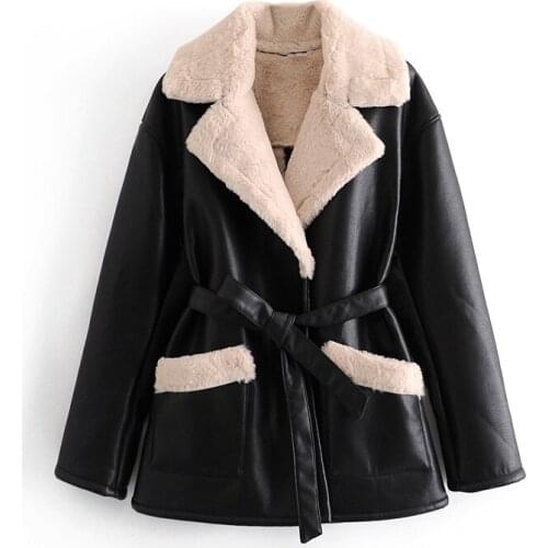 2020 Women Fashion Fur Faux Leather Thick Warm Jacket Coat Vintage Long Sleeve Tied Belt Female Outerwear Chic Top