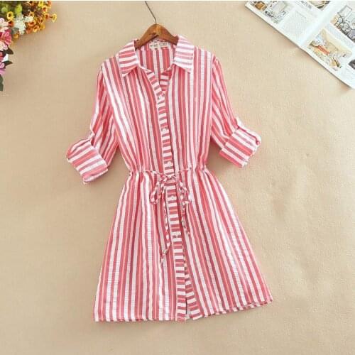 Office Lady Shirt Dress Women Cotton Striped Short Sleeve Summer Dress Female Fashion Turn-down Collar Casual Loose Vestido Q514