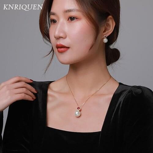 Womens Charms 100% Real Silver Fresh Water White Pearl Pendant Necklace Lab Diamond Drop Earrings Engagement Jewelry Sets Gift