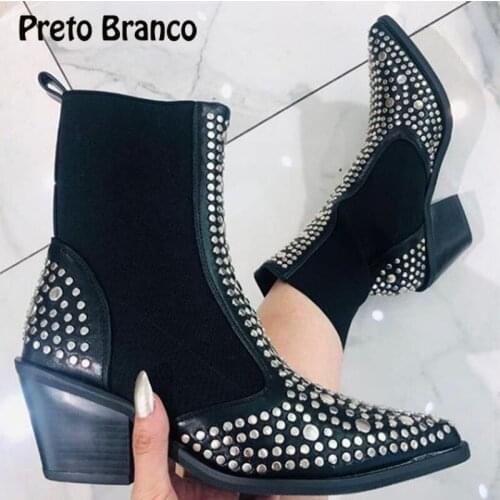 PRETO BRANCO Autumn and Winter Womens Boots Sexy Pointed Toe Denim Style Large Size Rivet Elastic Womens Shoes GYY