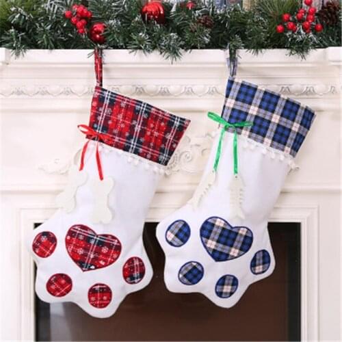 Christmas Stockings Gift Bag Decor for New Year 2021 Plaid Christmas Gift Bags Pet Paw Stocking Socks Xmas Tree Hanging Pendant