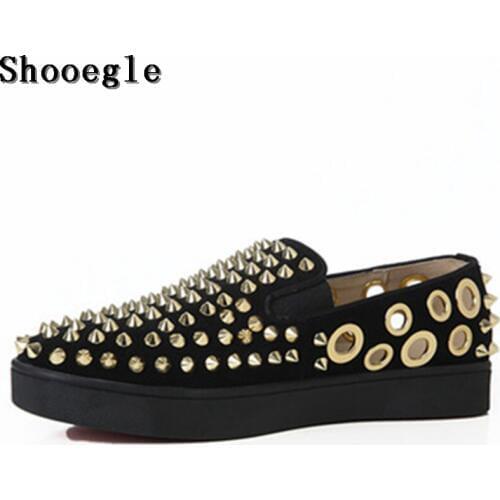 SHOOEGLE High Quality Summer Men Casual Shoes Gold Spikes Rivets Breathable Holes Flats Chaussure Homme Daily Espadrilles Man