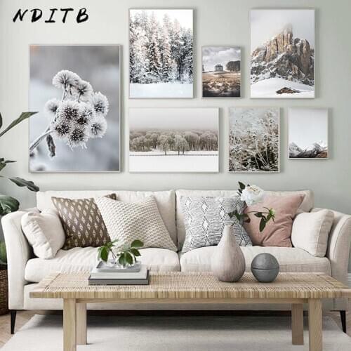 Scandinavian Nature Winter Landscape Canvas Poster Mountain Forest Wall Print Botanical Art Picture Nordic Living Room Decor
