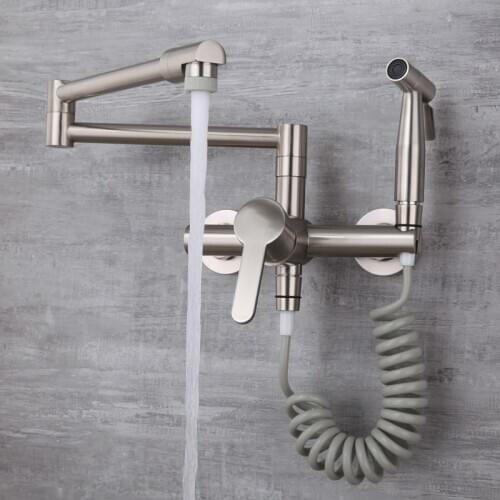 Kitchen Faucets Solid Brass Hot & Cold Sink Mixer Taps Single Handle With Spray Gun Wall Mounted Rotation Foldable Nickel/Black