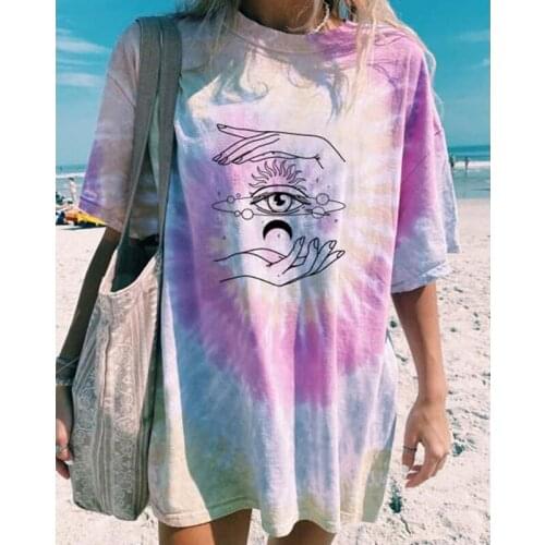 Hand-Painted Graphic Eye T Shirts Women Tie Dye Oversized Summer Tshirts 2021 New Ins Fashion Streetwear Ladies Loose Tees Tops