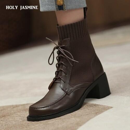 Thick Heels Square Toe Women Ankle Boots Genuine Leather Office Lady Casual Cross-Tied Zip Shoes Woman 2021 Autumn Winter New