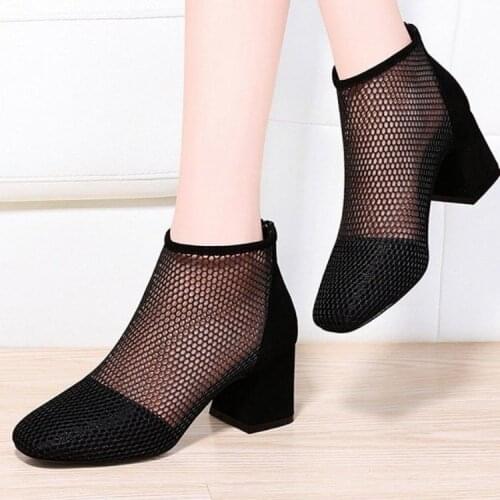 Summer New European and American Mesh Leopard Print Breathable Mesh Boots with Heels Women Thick Heel Square Back Zipper