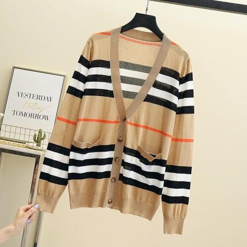 Womens sweater womens jacket cashmere cardigan mid-length knitted jacket V-neck loose striped sweater thin ladies trench coat