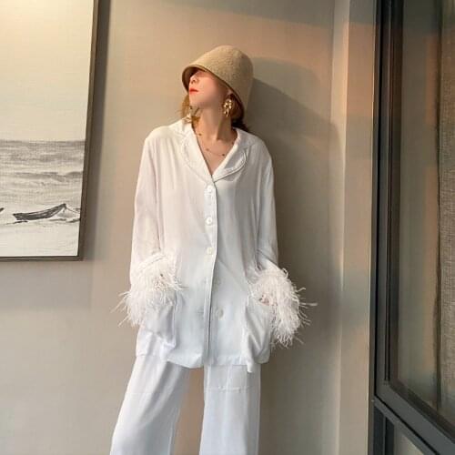 Lady pajamas 2 pieces set with osrich fur trimming cuffs with fur bottom furry flfuffy summer spring women 2021 fashion