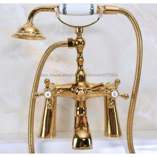 Golden Deck Mount Bathroom Clawfoot bathtub faucet & hand shower Basin sink Mixer Tap two handle tub faucet Nna150