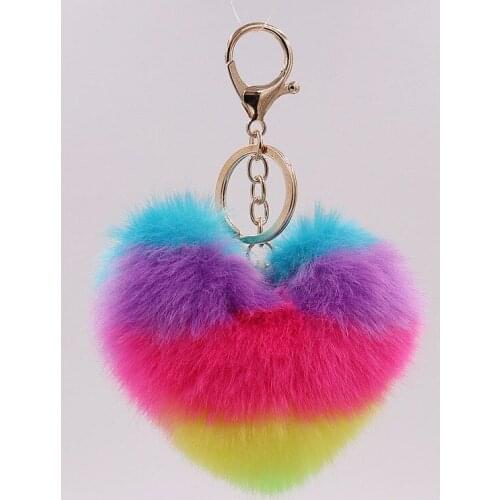 1PC Heart Pompoms Keychain Rainbow Plush Key Chains Decorative Pendant for Women Bag Accessories Keychains Car Fashion Keyring