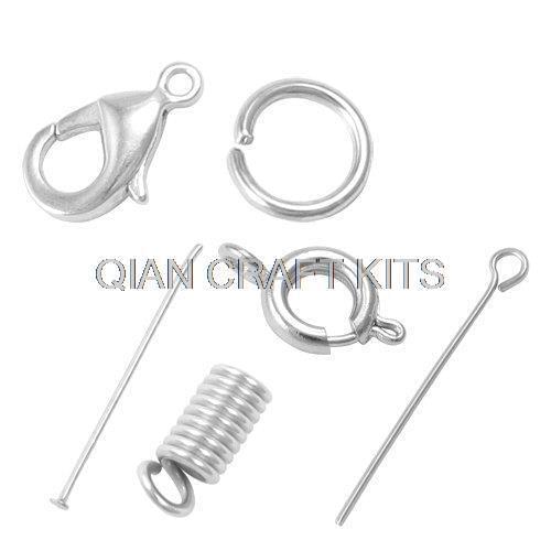 1000pcs Jewelry DIY Findings Kit , Jumprings,eye pins ,lobster claw clasps,Headpins,spring cord ends in plastic container
