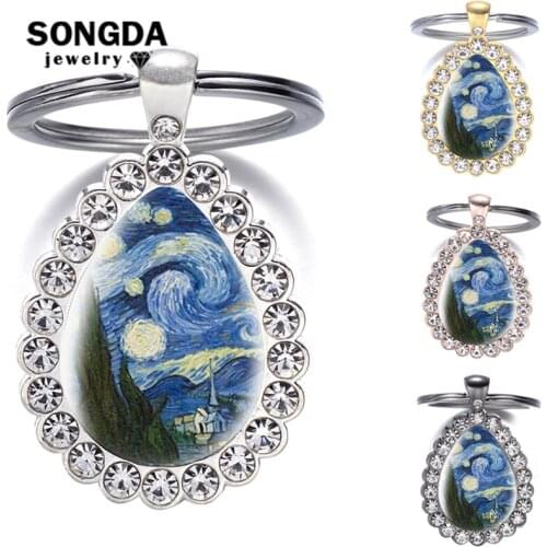 SONGDA Van Gogh Gustav Klimt Painting Keychain The Starry Night Photo Glass Cabochon Water Drop Keyring Art Rhinestone Jewelry