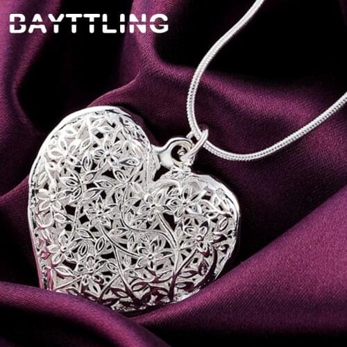 BAYTTLING 925 Sterling Silver 18 Inch Link/Snake Chain Carved Flower Heart Pendant Necklace For Woman Fashion Wedding Jewelry