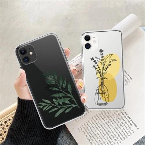 Abstract Clear Art Flower Leaves Plant Case For iPhone 12 11 Pro Max X XR XS Max 12 Mini 6 7 8 Plus 5S SE 2020 Soft Back Shell