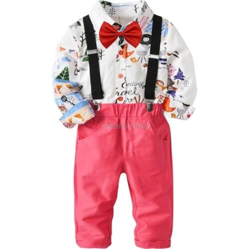 Baby Boys Bow Tie Shirt + Suspender Trousers 2pcs Clothing Set Newborn Gentleman Kids 1year Birthday Formal Dress Shirt Suit
