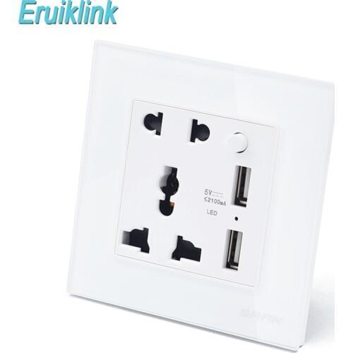 Eruiklink EU/UK/US Crystal Glass Panel Wall Socket, USB Charging Port 2.1A-2100mA, Wall Charger Adapter 16A Socket Power Outlet