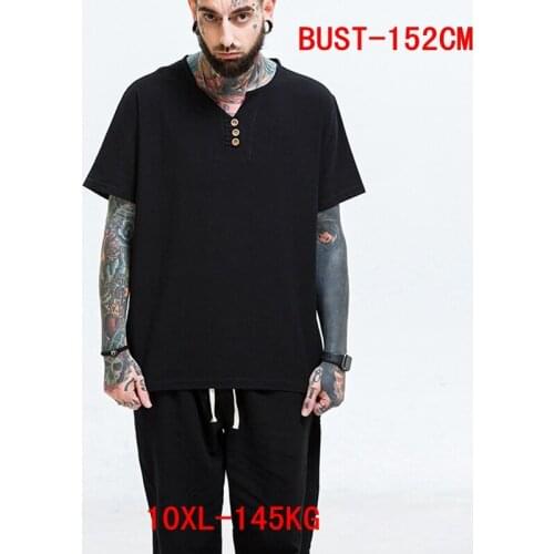Mens linen large T-shirt cotton large size 7XL 8XL 9XL 10XL summer short-sleeved V-neck casual black T-shirt