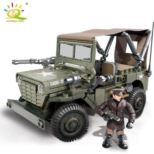 HUIQIBAO 475PCS WW2 Military Infantry Truck Building Blocks 2 Army Soldier with Weapon Car Vehicle Bricks Toys For Children Boy